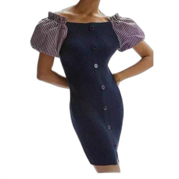 Anthropologie Maeve Puff-Sleeved Mini Dress Navy Mixed Media Size XS NWT - Picture 1 of 13